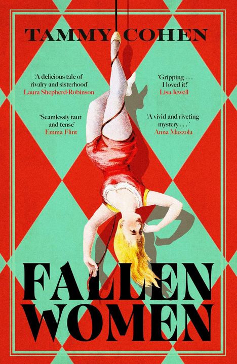 „Fallen Women“ - Illustration einer Frau im roten Kleid, die kopfüber an einem Seil hängt. Geometrischer, bunter Hintergrund.