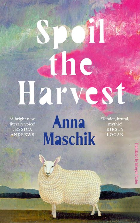 Titel: "Spoil the Harvest". Autor: Anna Maschik. Ein Schaf steht vor einem farbenfrohen Himmel.