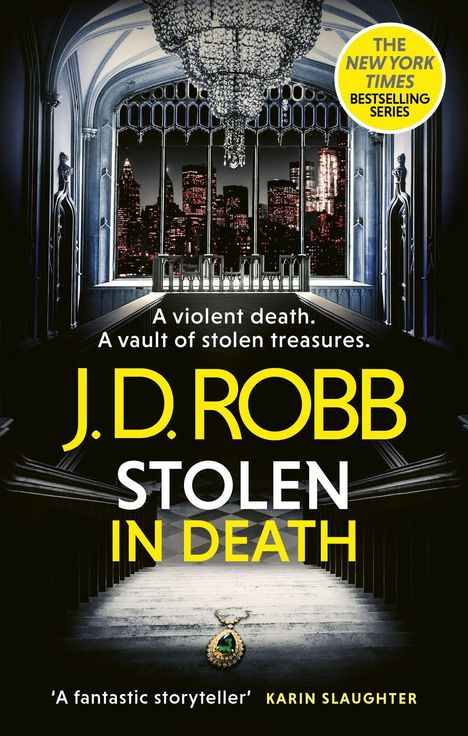 „THE SUNDAY TIMES BESTSELLING SERIES“ in gelb. Opulente Halle mit großem Kronleuchter und Blick auf eine erleuchtete Stadt.