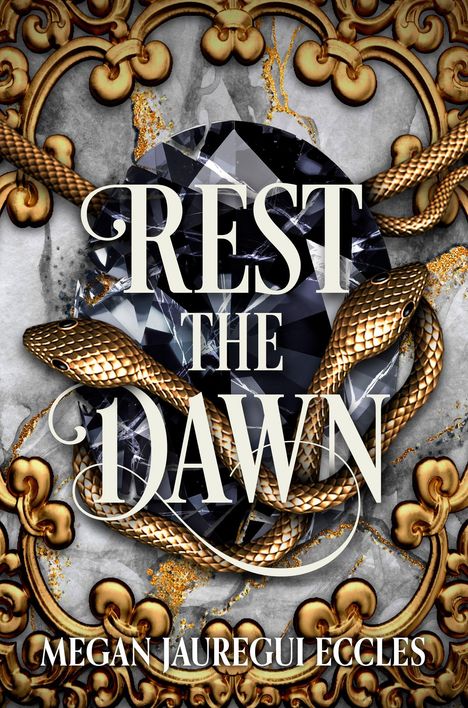 "REST THE DAWN", "MEGAN JAUREGUI ECCLES". Goldene Schlangen und Verzierungen um einen schwarzen Edelstein.
