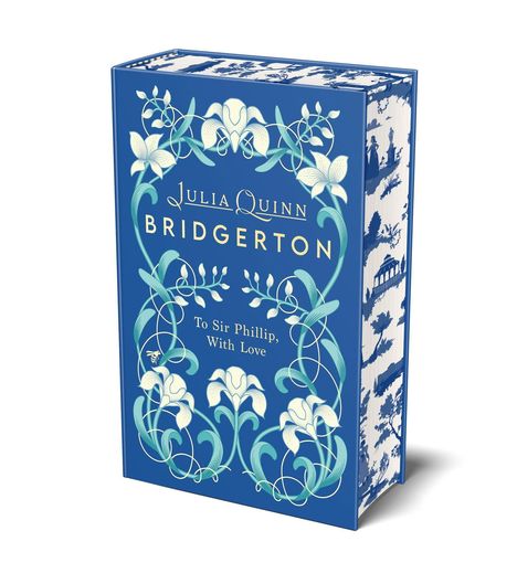 Blaues Buchcover von "Bridgerton: To Sir Phillip, With Love" von Julia Quinn, verziert mit weißen Blumen.