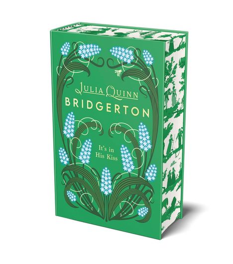 Auf grünem Hintergrund steht: "Julia Quinn, Bridgerton, It's in His Kiss". Blumen und Ranken zieren das Design.