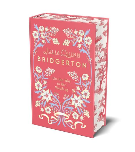 Buchcover mit Text: "Julia Quinn, Bridgerton, On the Way to the Wedding". Blumendesign auf rotem Hintergrund.