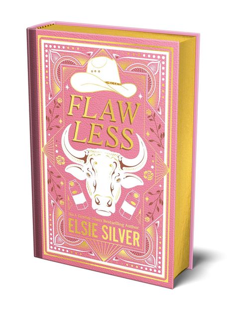 "FLAWLESS" und "ELSIE SILVER" in goldener Schrift. Cowboyhut, Stierkopf und florale Muster in einem stilisierten Design.