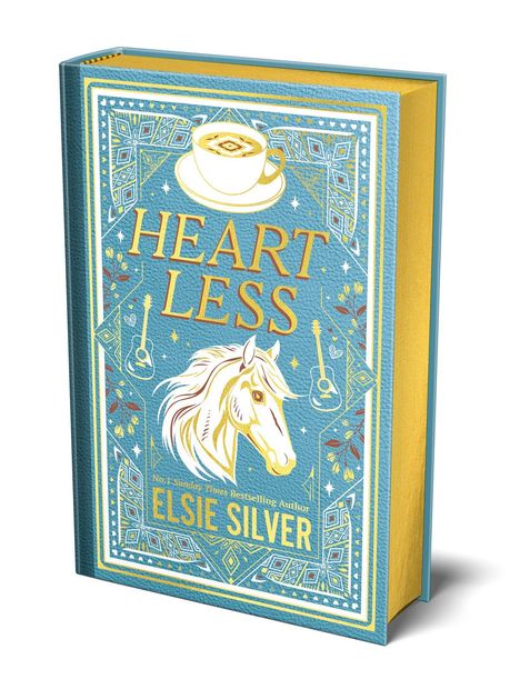 „Heartless“, Elsie Silver. Illustration eines Pferdekopfes und einer Tasse, umgeben von Mustern und Gitarren.