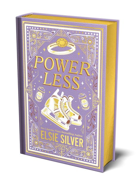 "POWERLESS" und "ELSIE SILVER", lila mit goldenen Akzenten, Eiskunstlaufschuhe und Getränkedosen als Illustration.