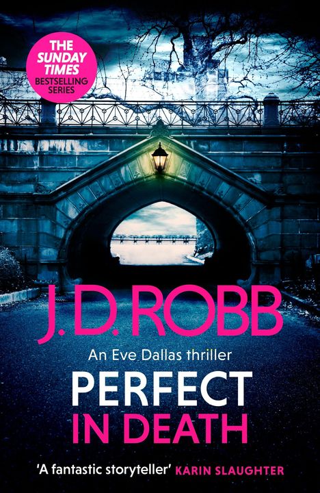Text: "COVER TO BE REVEALED", "J.D. ROBB", "An Eve Dallas thriller", "PERFECT IN DEATH". Schwarzer Hintergrund, blau-weiße Schrift.