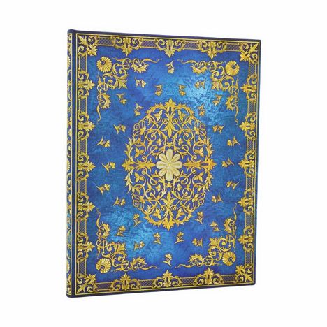 Ein blaues Cover mit goldenen, floralen Verzierungen in einem kunstvollen, symmetrischen Muster.