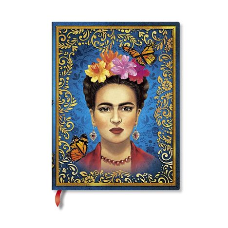 Illustration mit floralen Mustern, Schmetterlingen und einem Frauengesicht mit Blumen im Haar vor blauem Hintergrund.