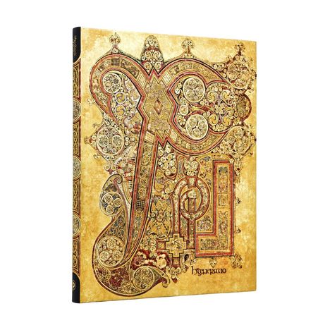 Text: "Huguano". Verziert mit komplexen keltischen Mustern in Rot, Gold und Grün. Enthält kunstvolle Spiralen und symmetrische Designs.