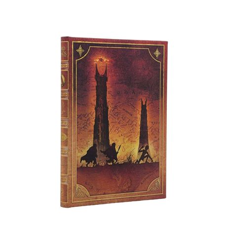 Buchcover: "THE LORD OF THE RINGS". Silhouetten von Türmen und Figuren vor einer Karte.