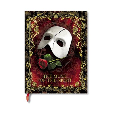 "The Music of the Night" steht darunter. Eine weiße Maske mit einer Rose liegt auf einem roten, reich verzierten Hintergrund.