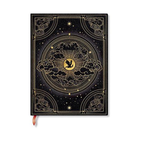 Verziert mit goldenen Linien, zeigt eine Illustration einen Vogel in einer Sonne, umgeben von Wolken und Sternen.
