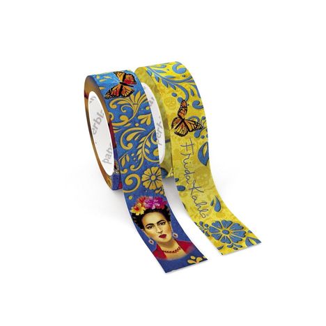 Auf dem Band steht "Frida Kahlo". Es zeigt bunte Schmetterlinge, florale Muster und ein Porträt einer Frau mit Blumen im Haar.