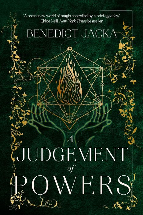 "COVER TO BE REVEALED. A Judgement of Powers. Benedict Jacka." Dunkelgrüner Hintergrund, einfache Typografie.