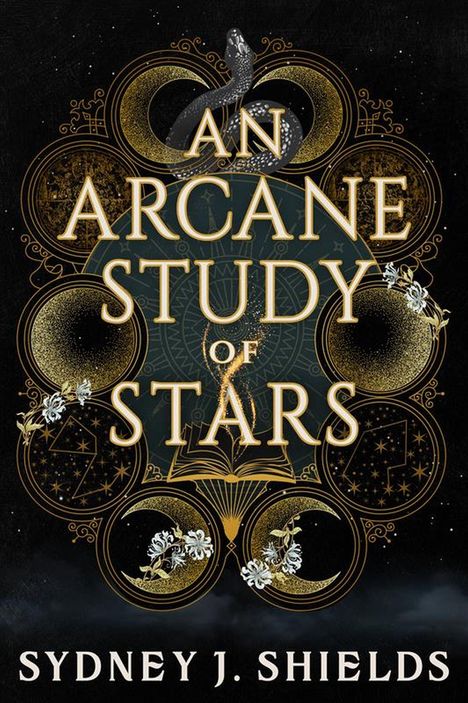 "AN ARCANE STUDY OF STARS" und "SYDNEY J. SHIELDS". Goldene Ornamente, ein geöffneter Buchsymbol, eine Schlange und Sterne.