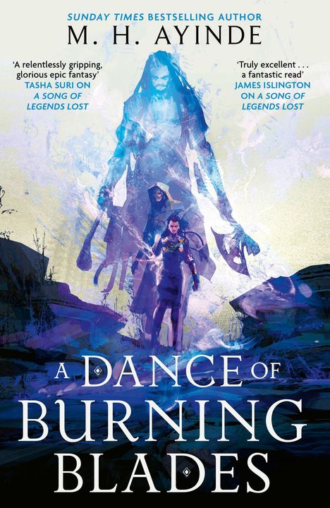 Titel "A Dance of Burning Blades" von M.H. Ayinde. Bläuliche Illustration von kriegerisch gekleideten Figuren.