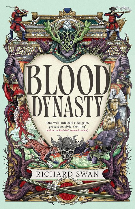 "Blood Dynasty" von Richard Swan. Oben ein Samurai, seitlich Kreaturen, unten ein Schwert. Fantastische, detailreiche Illustration.