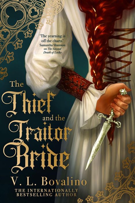 Buchtitel: "The Thief and the Traitor Bride" von V. L. Bovalino. Eine Hand hält einen kunstvollen Dolch.