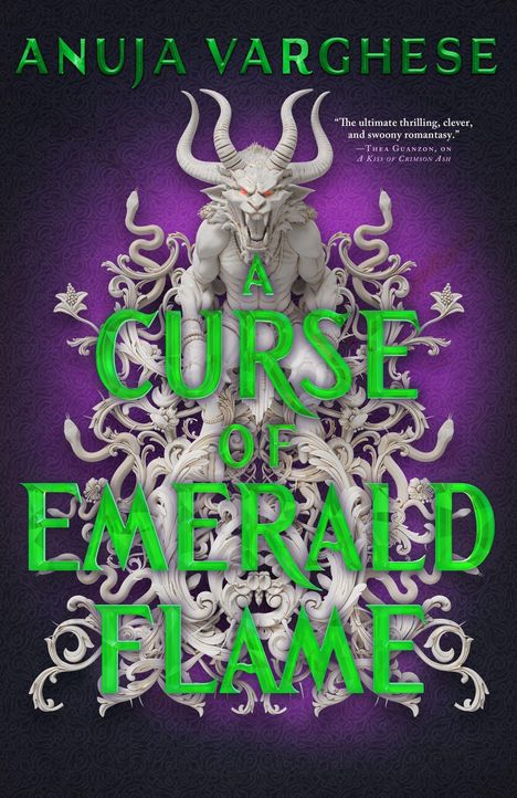 „A Curse of Emerald Flame“, Anuja Varghese, ein fiktives Wesen mit Widderhörnern umgeben von floralen Ornamenten.