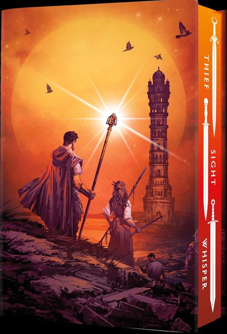 "THIEF", "SIGHT", "WHISPER" stehen vertikal. Zwei Figuren mit Stäben blicken auf einen Sonnenuntergang und einen hohen Turm.