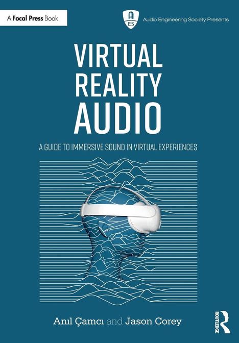 "Virtual Reality Audio" zentriert. Kopf mit VR-Headset in Linienstil auf blauem Hintergrund.