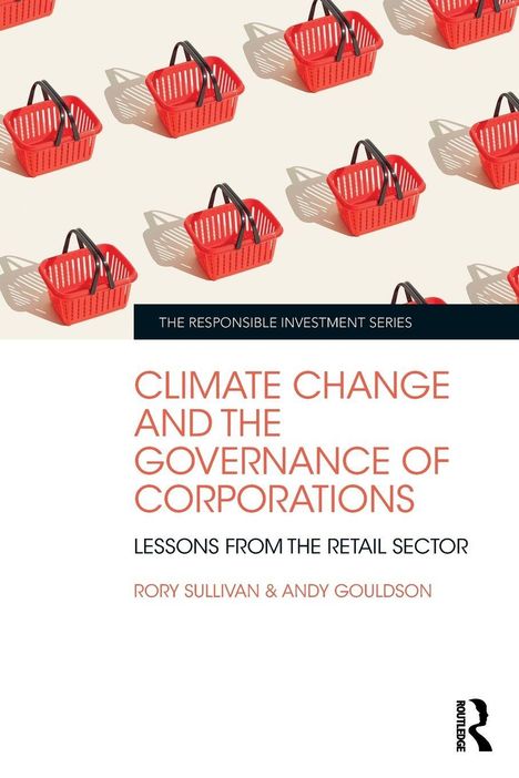 „Climate Change and the Governance of Corporations“ in orange. Rote Einkaufskörbe wiederholen sich diagonal.