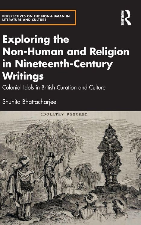 Buchtitel: "Exploring the Non-Human and Religion in Nineteenth-Century Writings". Illustration: Menschen, eine Figur und Palmen.