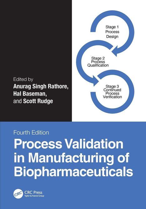"Fourth Edition, Process Validation in Manufacturing of Biopharmaceuticals," spiralförmige Schritte: Prozessdesign, Qualifizierung, Verifizierung.