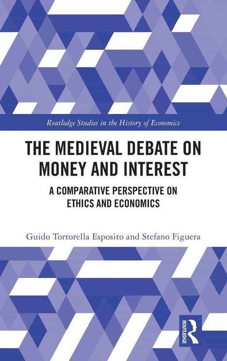 „The Medieval Debate on Money and Interest“ in schwarzer Schrift, geometrisches Muster in Blau und Lila im Hintergrund.