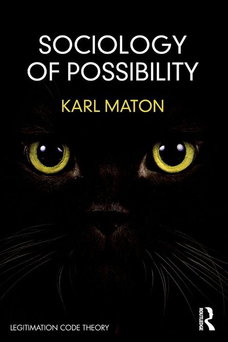 "SOCIOLOGY OF POSSIBILITY" und "KARL MATON" in Gelb auf Schwarz. Großaufnahme eines schwarzen Katzenkopfes mit gelben Augen.