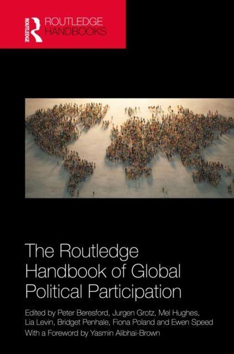 "The Routledge Handbook of Global Political Participation". Menschen formen eine Weltkarte. Schwarzer Hintergrund, roter Logo-Eckbereich.