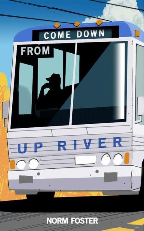 „Come Down From Up River“. Ein Bus mit einem Fahrer im Profil, blau, mit weißen und orangen Details. Norm Foster.