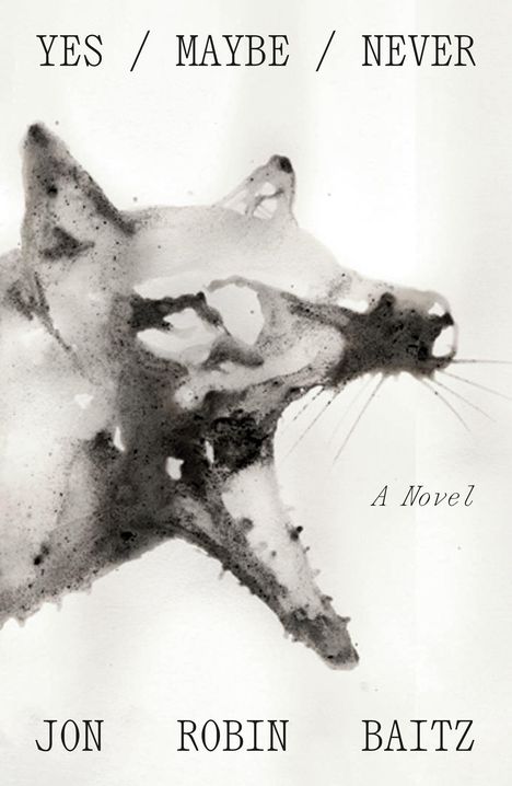 Text: "YES / MAYBE / NEVER", "A Novel", "JON ROBIN BAITZ". Illustration: abstraktes Tiergesicht in Schwarz-Weiß.