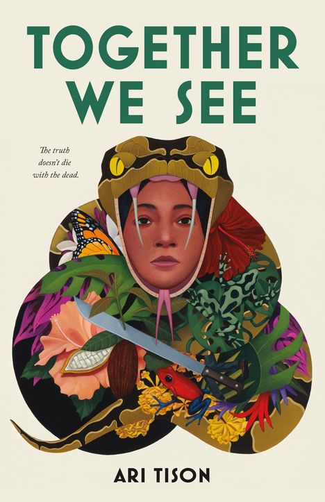 "TOGETHER WE SEE. The truth doesn't die with the dead. ARI TISON." Illustration: Gesicht in Schlangenkopf mit Pflanzen.