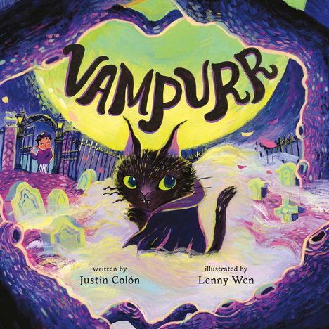 "VAMPURR" in großer Schrift. Eine Illustration zeigt eine schwarze Katze mit großen grünen Augen im Nebel auf einem Friedhof.