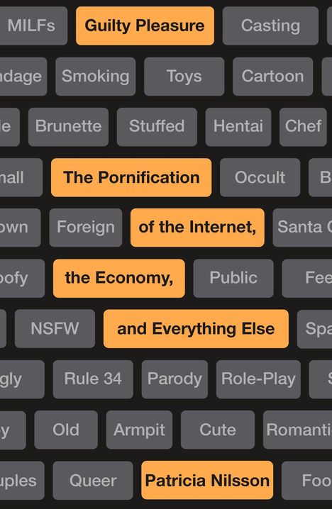 Ein Muster aus grauen und orangefarbenen Schaltflächen. Die orangefarbenen enthalten den Text: "Guilty Pleasure", "The Pornification of the Internet, the Economy, and Everything Else", "Patricia Nilsson".