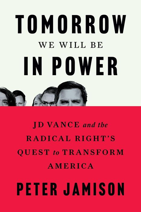 "Tomorrow We Will Be In Power" von Peter Jamison. Hinter Köpfe von Personen, Text auf rotem Hintergrund.