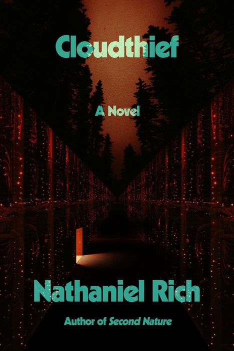 „Cloudthief: A Novel“ von Nathaniel Rich. Ein dunkler Korridor mit roten Lichtern und Bäumen im Hintergrund.