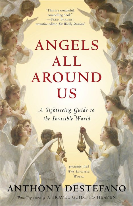 "ANGELS ALL AROUND US" und "A Sightseeing Guide to the Invisible World". Viele Engelsfiguren in einem Gemälde.