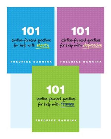 Oben: "101 solution-focused questions for help with anxiety/depression." Unten: "101 solution-focused questions for help with trauma." In Blau, Lila und Grün.