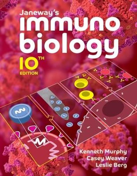Text: "Janeway's Immunobiology, 10th Edition, Kenneth Murphy, Casey Weaver, Leslie Berg". Hintergrund mit Zellenillustrationen.