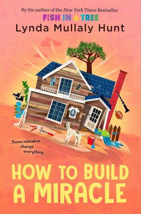 Titel: "HOW TO BUILD A MIRACLE". Ein schiefes Haus, ein Hund, Baum und Spielzeug. Verspieltes, farbenfrohes Design.