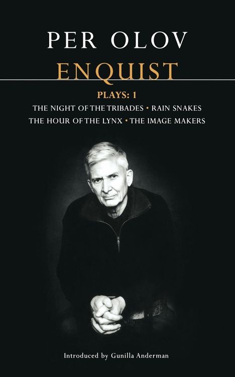"PER OLOV ENQUIST" und "PLAYS: 1". Unten eine Schwarz-Weiß-Fotografie eines älteren Mannes, der frontal sitzt.