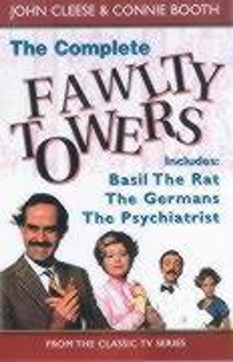 "The Complete Fawlty Towers" oben, darunter "Includes: Basil the Rat, The Germans, The Psychiatrist". Vier Personen abgebildet.
