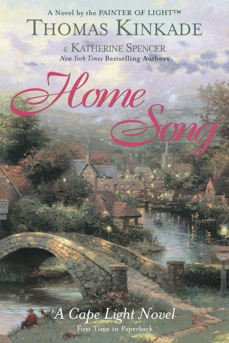 "Home Song" in rosa Schrift. Malerische Dorfszene mit Fluss und Steinbrücke bei Abenddämmerung.
