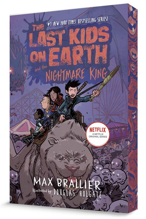 "The Last Kids on Earth and the Nightmare King." Vier Kinder reiten auf einem großen, tierähnlichen Monster durch eine apokalyptische Szene.