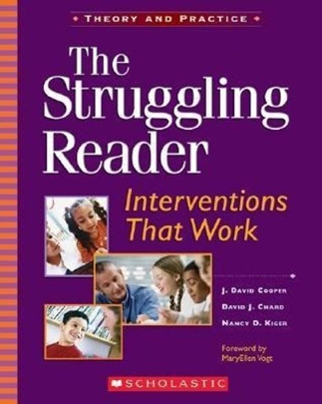 Titel: "The Struggling Reader". Untertitel: "Interventions That Work". Fotos von Menschen beim Lesen auf lila Hintergrund.