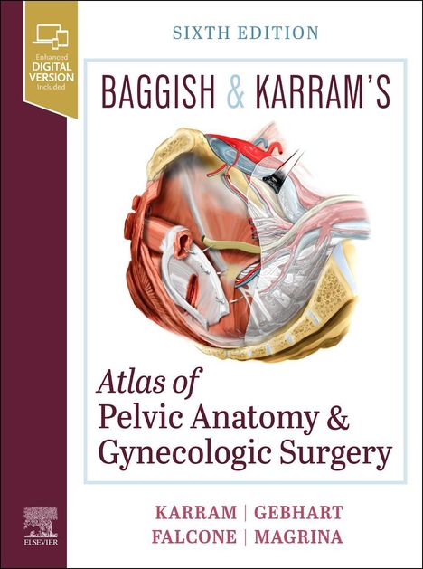 Text: "Baggish & Karram's Atlas of Pelvic Anatomy & Gynecologic Surgery, Sixth Edition". Illustration von Beckenanatomie.