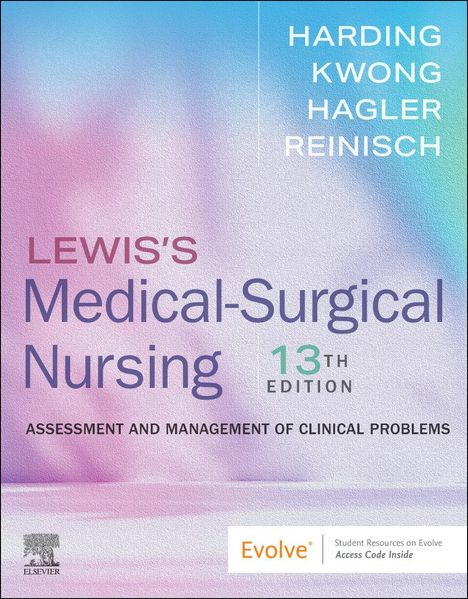„Lewis’s Medical-Surgical Nursing, 13th Edition“ vor einem blau-rosa Hintergrund. Unten rechts „Evolve®“.